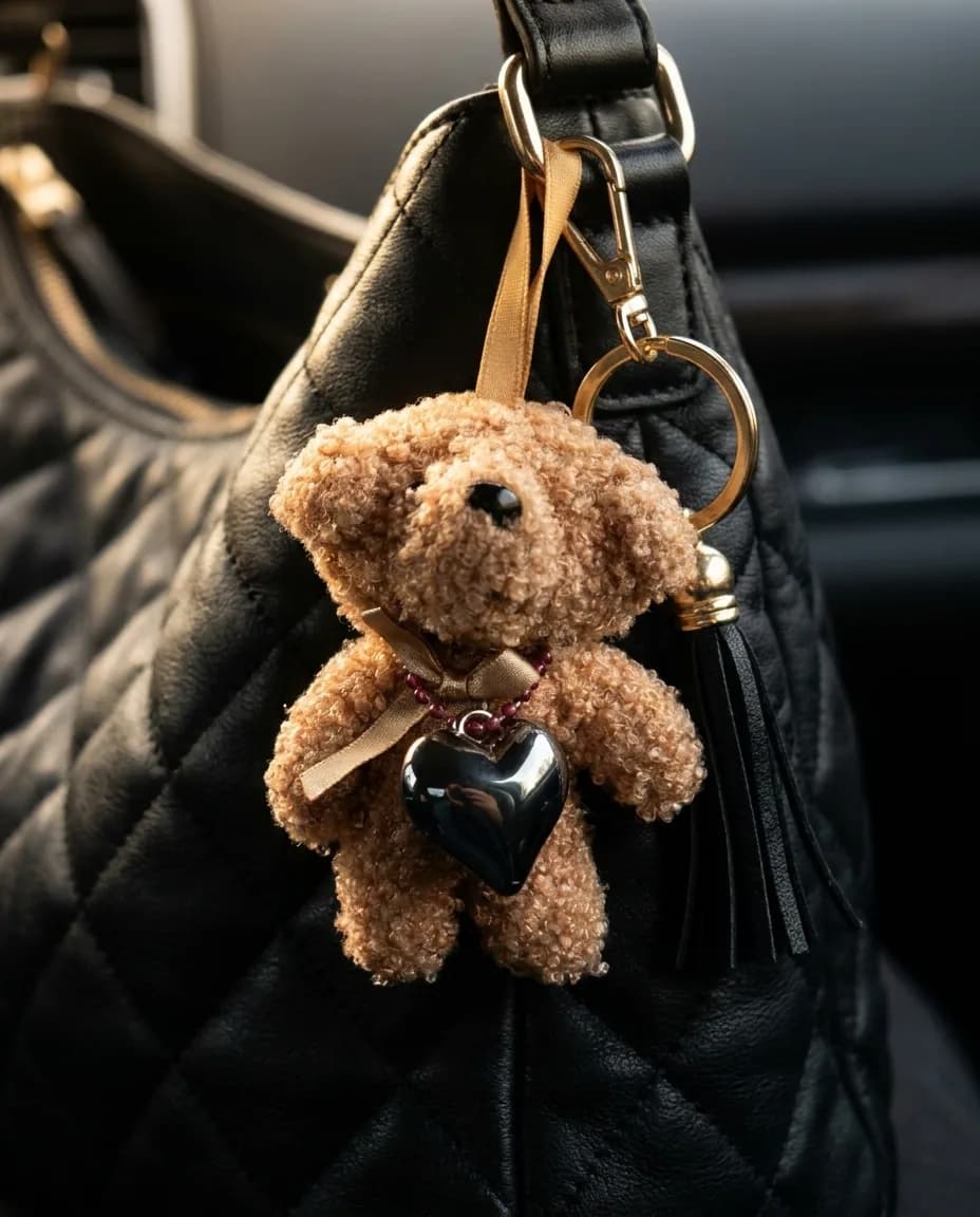 Charm hanging from a bag strap held in one hand
