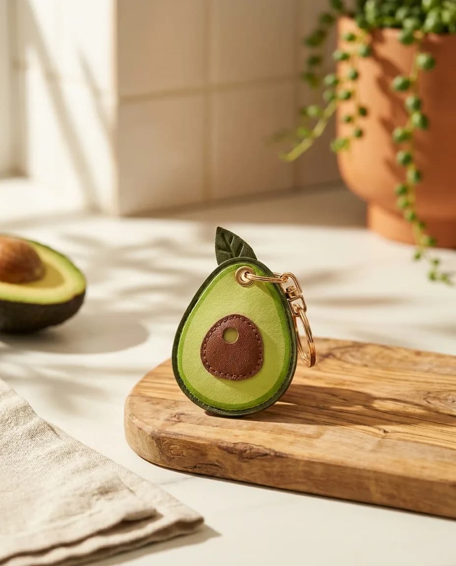 Avocado leather keyring on an olive wood board in window light