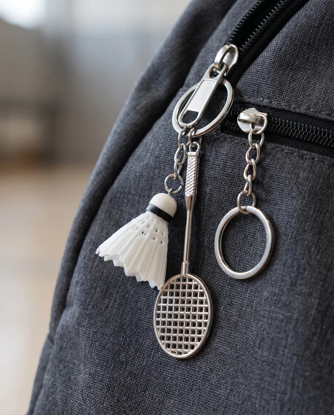 Badminton keyring on a charcoal sports holdall