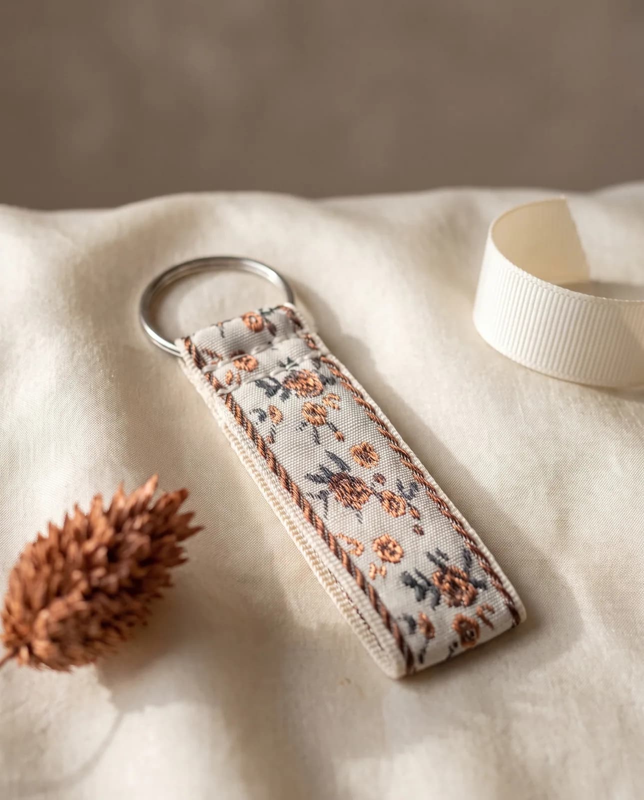 Ivory brocade key fob on aged ivory silk