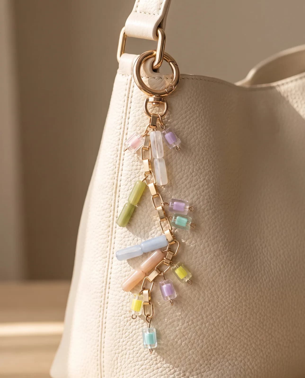 Pastel glass chain charm hanging from a cream leather handbag