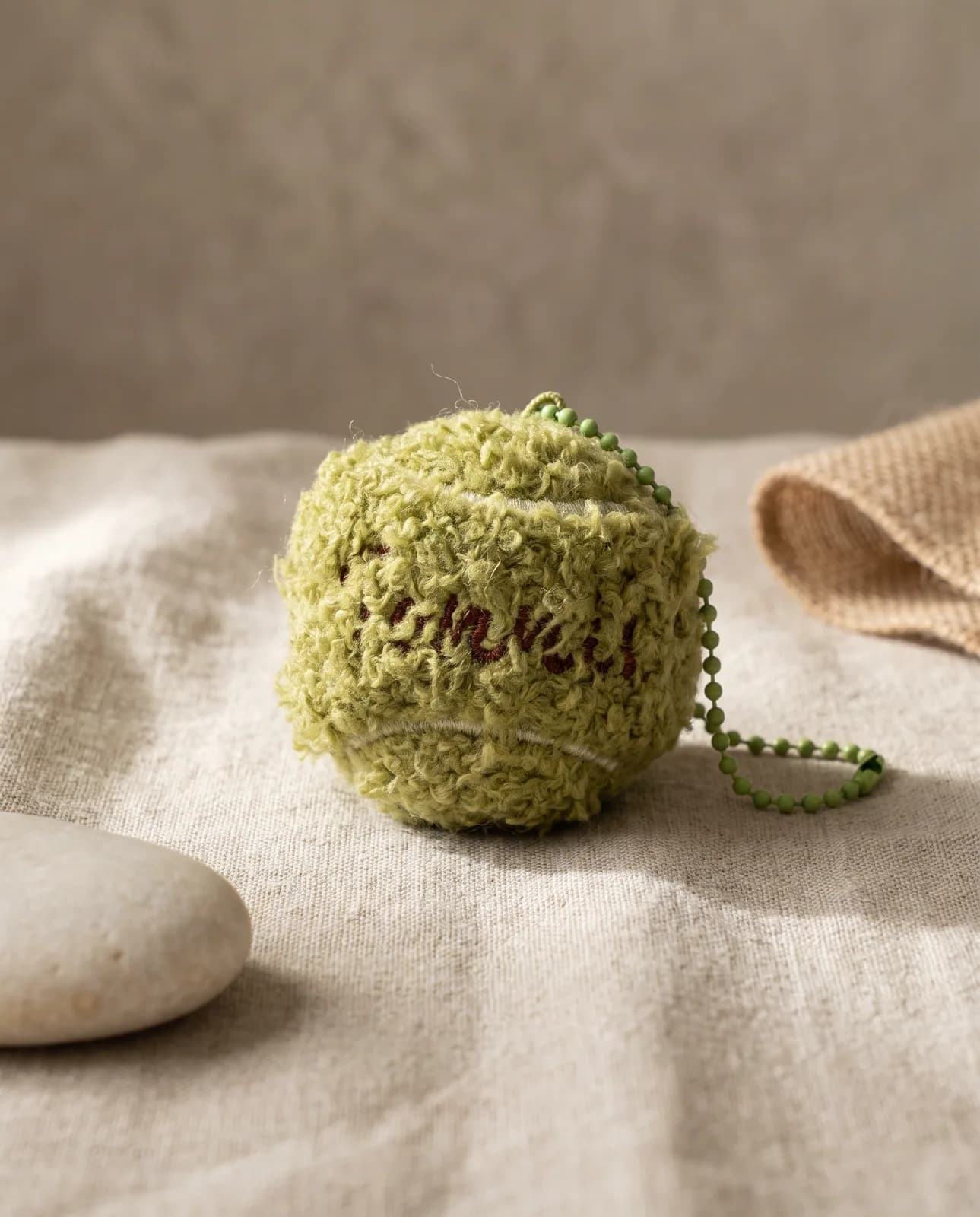 Olive bouclé ball charm on oatmeal linen
