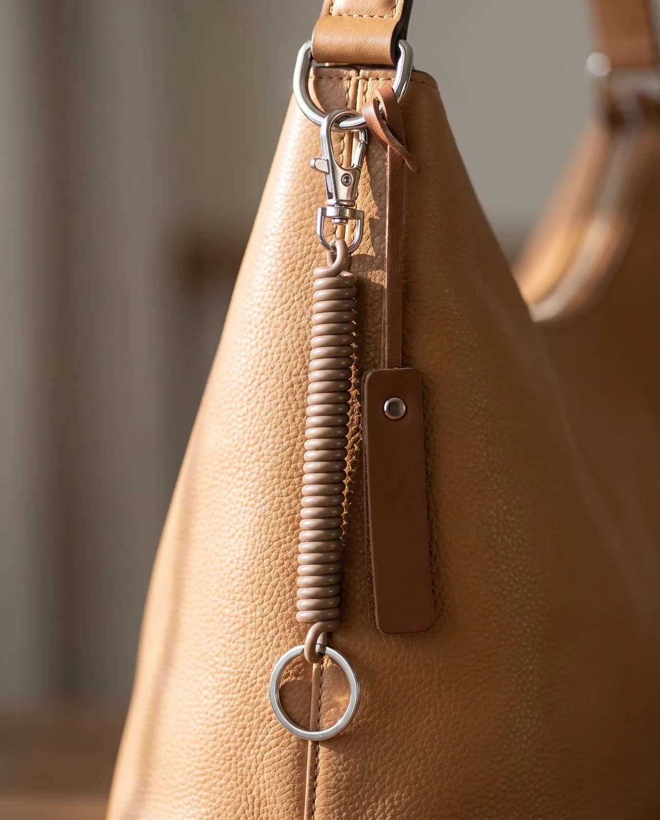Taupe coil keychain clipped to a tan leather handbag