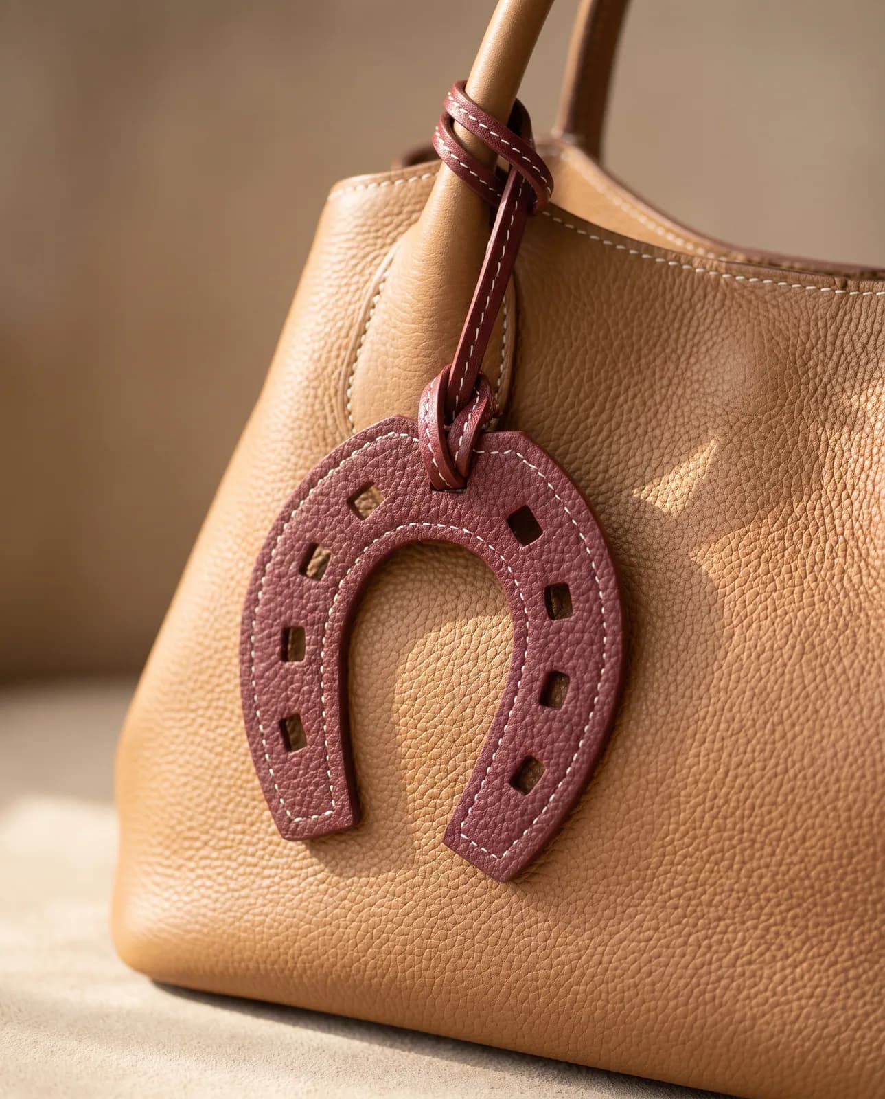 Burgundy leather horseshoe charm on a tan leather handbag