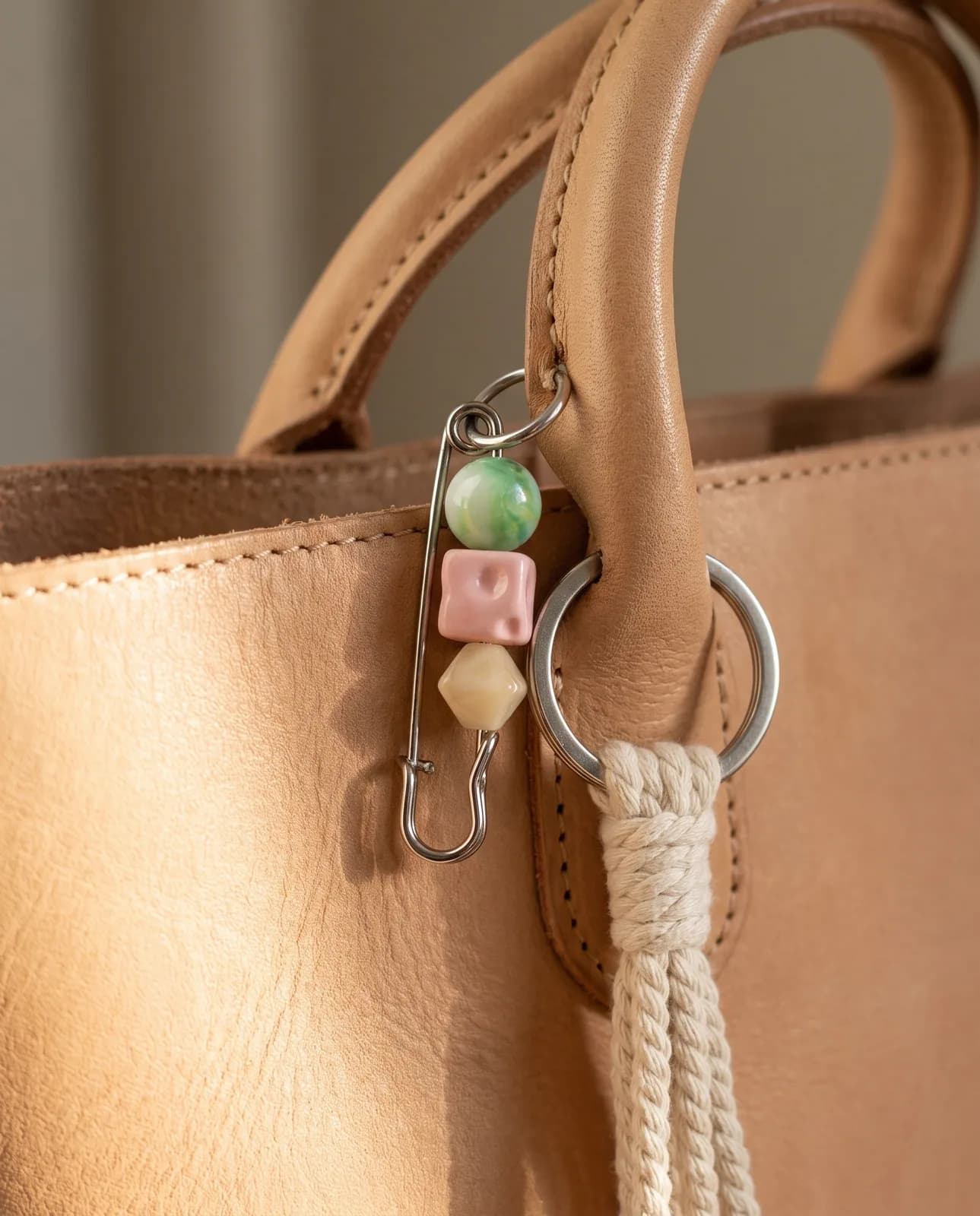 Pastel ceramic bead pin on a tan leather handbag
