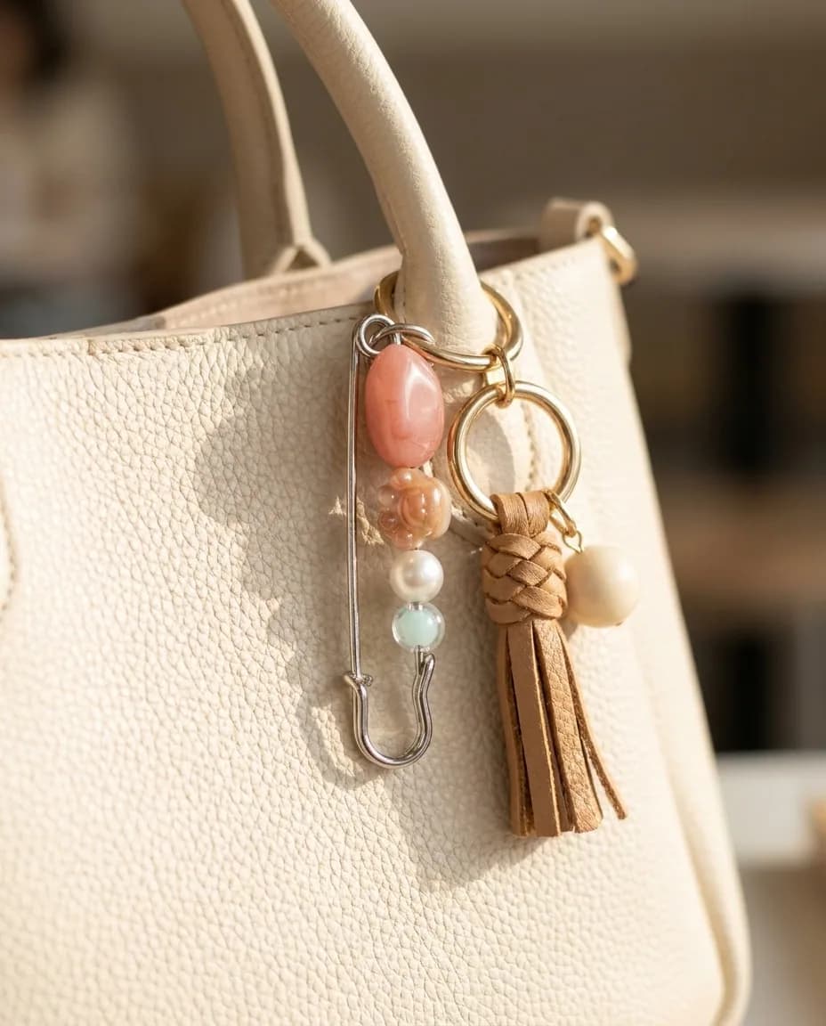 Rose quartz kilt pin clipped to a handbag handle