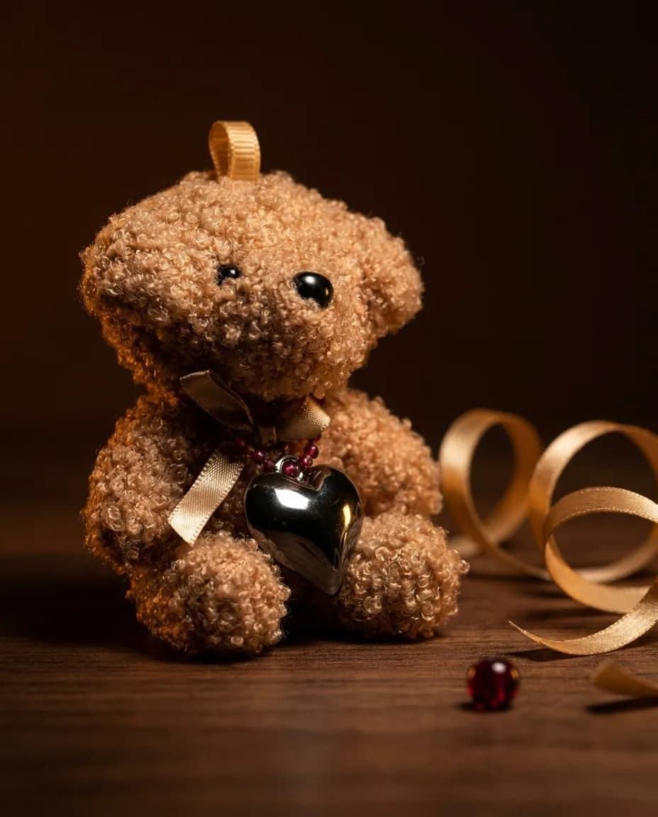 Teddy heart charm on dark walnut in low key light