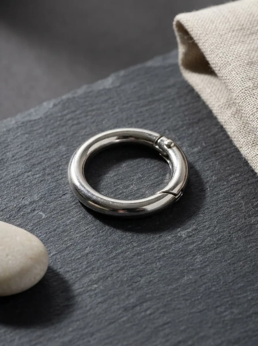 Silver O-ring clasp on dark slate