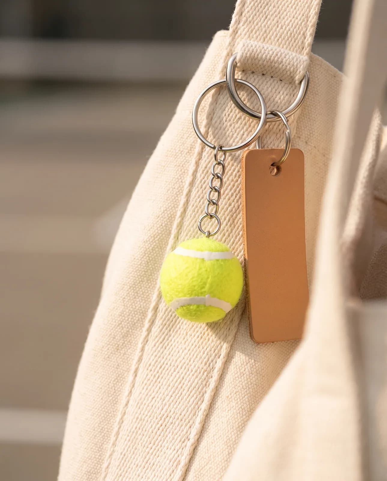 Yellow tennis ball keyring on a canvas sports tote